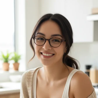 Ada Vex, with dark hair and round tortoiseshell glasses, smiling in a bright kitchen
